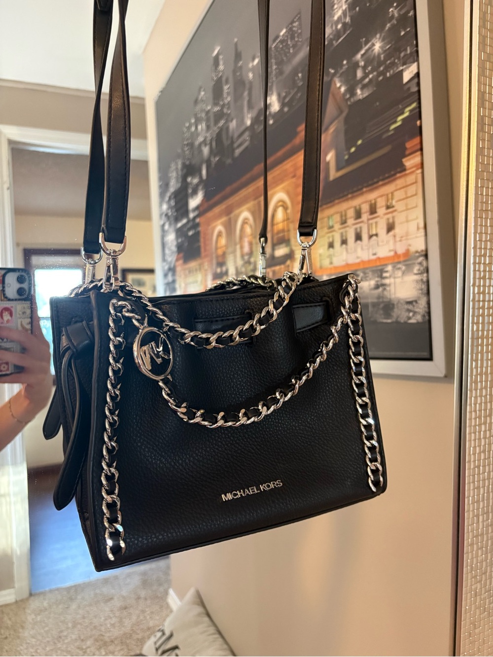Michael Kors Black Leather Mini Shoulder Bag with Silver Chain Detail - Picture 3 of 7